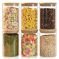 Glass Food Storage Jars 6-Pack - 4x6 in-Clear Glass Food Canisters with Bamboo Lid Airtight For Serving Tea, Coffee, Flour, Sugar, Candy, Cookie, Spice and More (Circular)