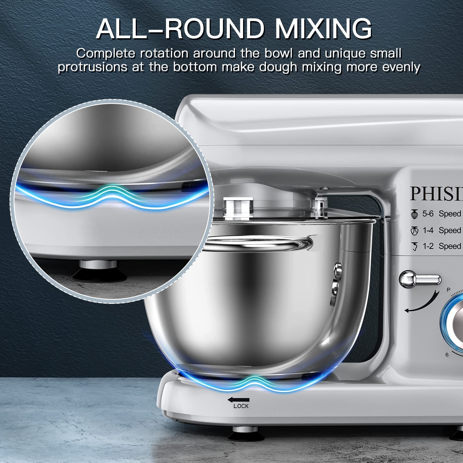 PHISINIC Stand Mixer, 5.8-QT 660W Electric Kitchen Mixer, 6-Speed Tilt-Head Household Stand Mixer, Kitchen Food Mixer with Dough Hook, Wire Whip and Beater, for Baking, Cake, Cookie, Kneading (Silver)