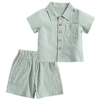 SEAUR 2 Pcs Toddler Baby Boys Linen Summer Outfit Short Sleeve Button Down Lapel Shirts Tops Solid Elastic Waist Shorts