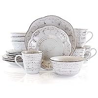 Elama Rustic Birch 16 Piece Embossed Scalloped Stoneware Round Dinnerware Set in White with Brown Accents