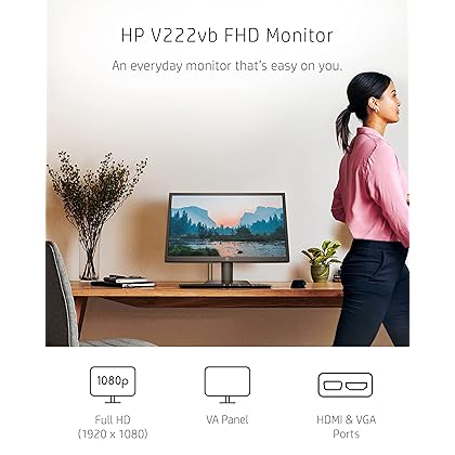 HP V222vb FHD Monitor, 1080p VA Display, 75Hz Refresh Rate, 21.5-inch Computer Screen, TÜV Certified Low Blue Light Mode, Ergonomic Tilt, 3000:1 Contrast Ratio, HDMI & VGA Ports, VESA Mounting (2021)