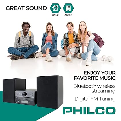 Philco Stereo Shelf Systems Tray Loading CD Player with Digital FM Radio, Bluetooth Streaming, Remote Control in Black | LCD Display | 3.5mm Headphone Jack | MP3 & AUX Port Compatible