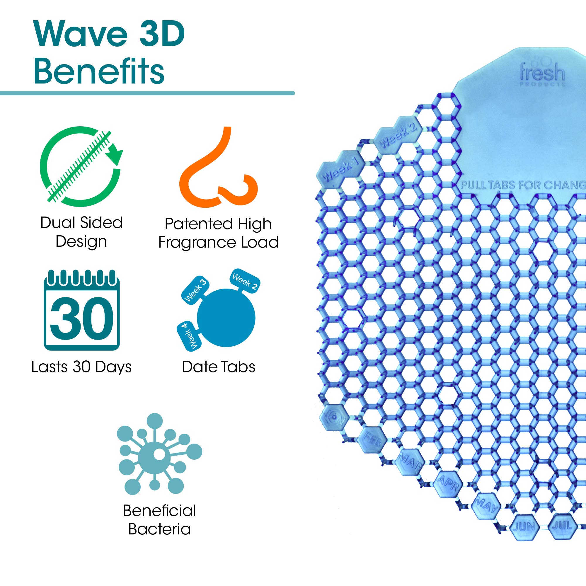 Fresh Products Wave 3D , Virtually eliminates urine splash , 30-Day Use, Easy Installation, Beneficial Bacteria, Consistent Fragrance — Cotton Blossom, Blue, Made In USA, 10pk Urinal Screens