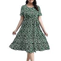 Plus Size Elegant Floral Dresses for Women 2024 Midi Tiered Flowy Belted Modest Wedding Guest Dress with Pockets
