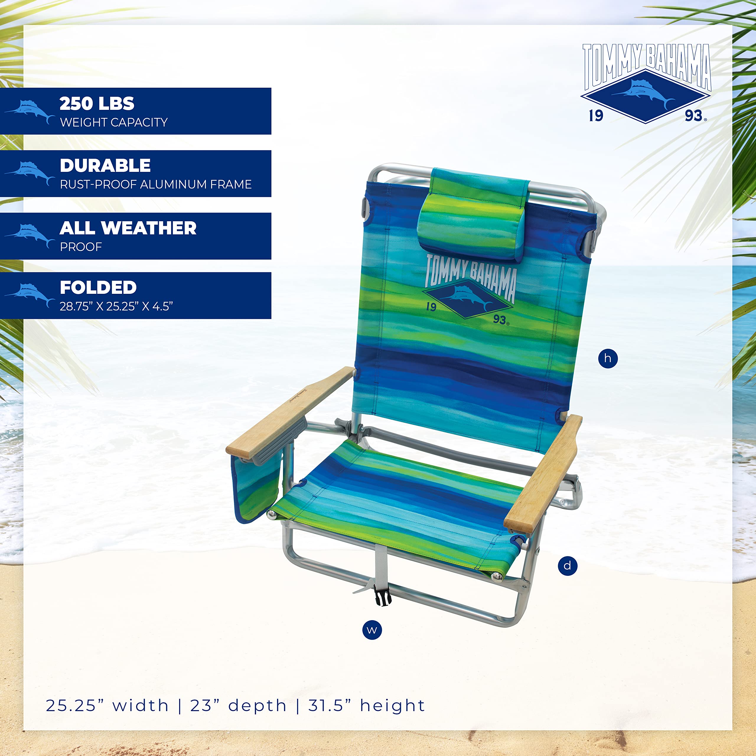 Tommy Bahama 5-Position Classic Lay Flat Folding Backpack Beach Chair, Blue and Green Stripe , 23