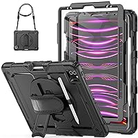 HXCASEAC Case for iPad Pro 12.9 inch (Pro 6th 5th 4th 3rd) Shockproof with Screen Protector/Pencil Holder/Hand Strap, [3-Layer] Heavy Duty Protective iPad Pro 12.9 Case 2022/2021/2020/2018, Black