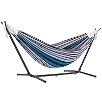 Vivere Double Cotton Hammock with Space Saving Steel Stand, Denim (450 lb Capacity - Premium Carry Bag Included), Denim with Charcoal Frame, 1 Count