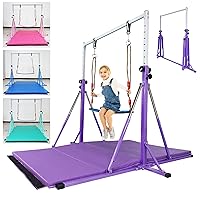 Foldable Gymnastic kip Bar,Adjustable from 3' to 5',3-12 Ages, Kids Girls Home Training bar with Rings & Swing-Mat,Foldable-250 LBS