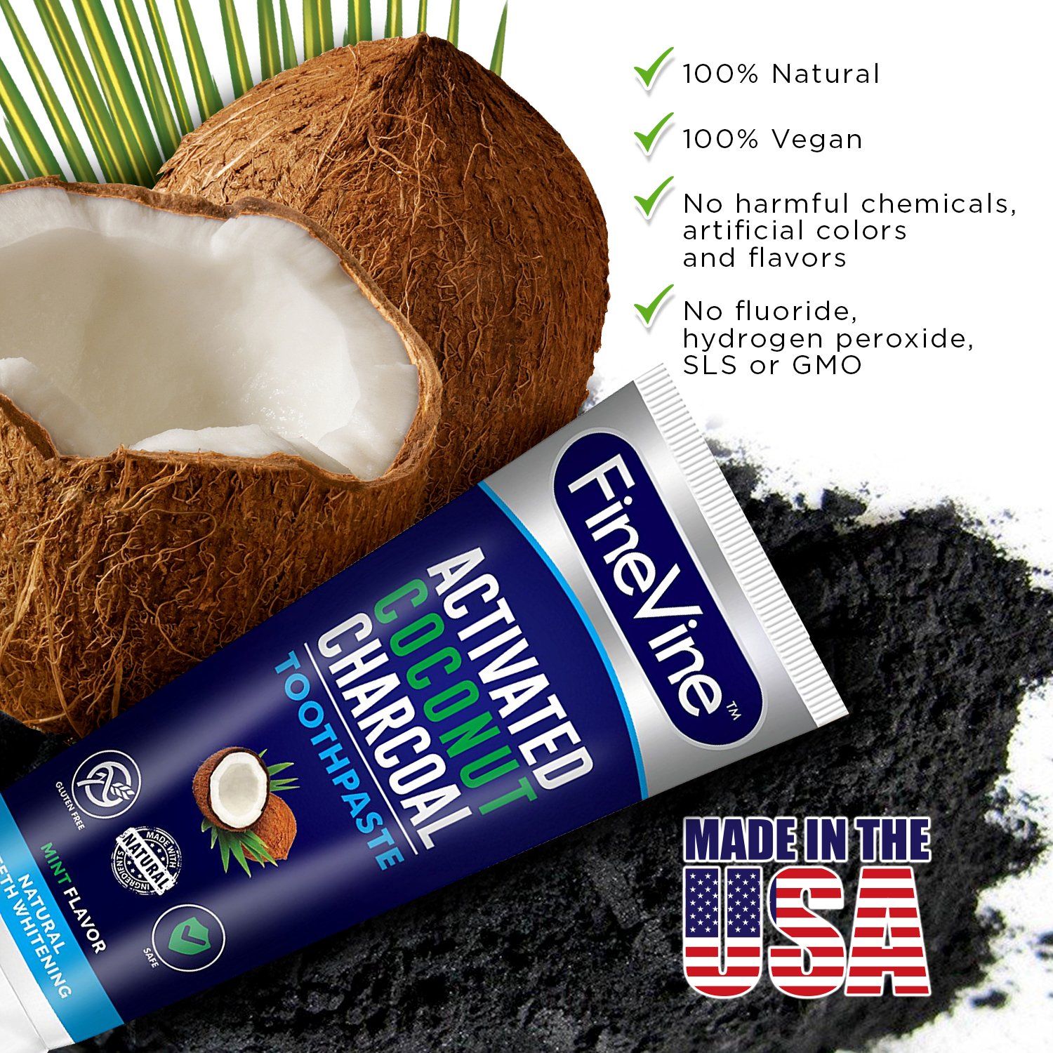 100% Natural Charcoal Teeth Whitening Toothpaste| Charcoal Toothpaste Made in USA| Acti-vated Charcoal Toothpaste for Healthy Gums & Pearly Whites| Organic Vegan Coconut Char-coal Toothpaste Whitening
