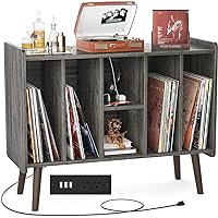 Unikito Large Record Player Stand, Vinyl Record Storage Table with Power Outlet Holds Up to 200 Albums, Turntable Stand Table with Wood Legs, Vinyl Holder Display Shelf for Bedroom Living Room, Gray