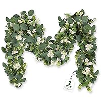 2Pcs 5.9FT Artificial Eucalyptus Garland with 51 Spring Flowers, Fake Flowers Greenery Garland Faux Floral Vines for Wedding Spring Home Table Decoration, Indoor Outdoor Backdrop Wall Decor