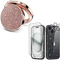 MIODIK Bundle - for iPhone 15 Case Clear Glitter (Black) + Phone Ring Holder (Rose Gold), with 2Pcs Screen Protector & 2Pcs Camera Lens Protector, Protective Shockproof for Women