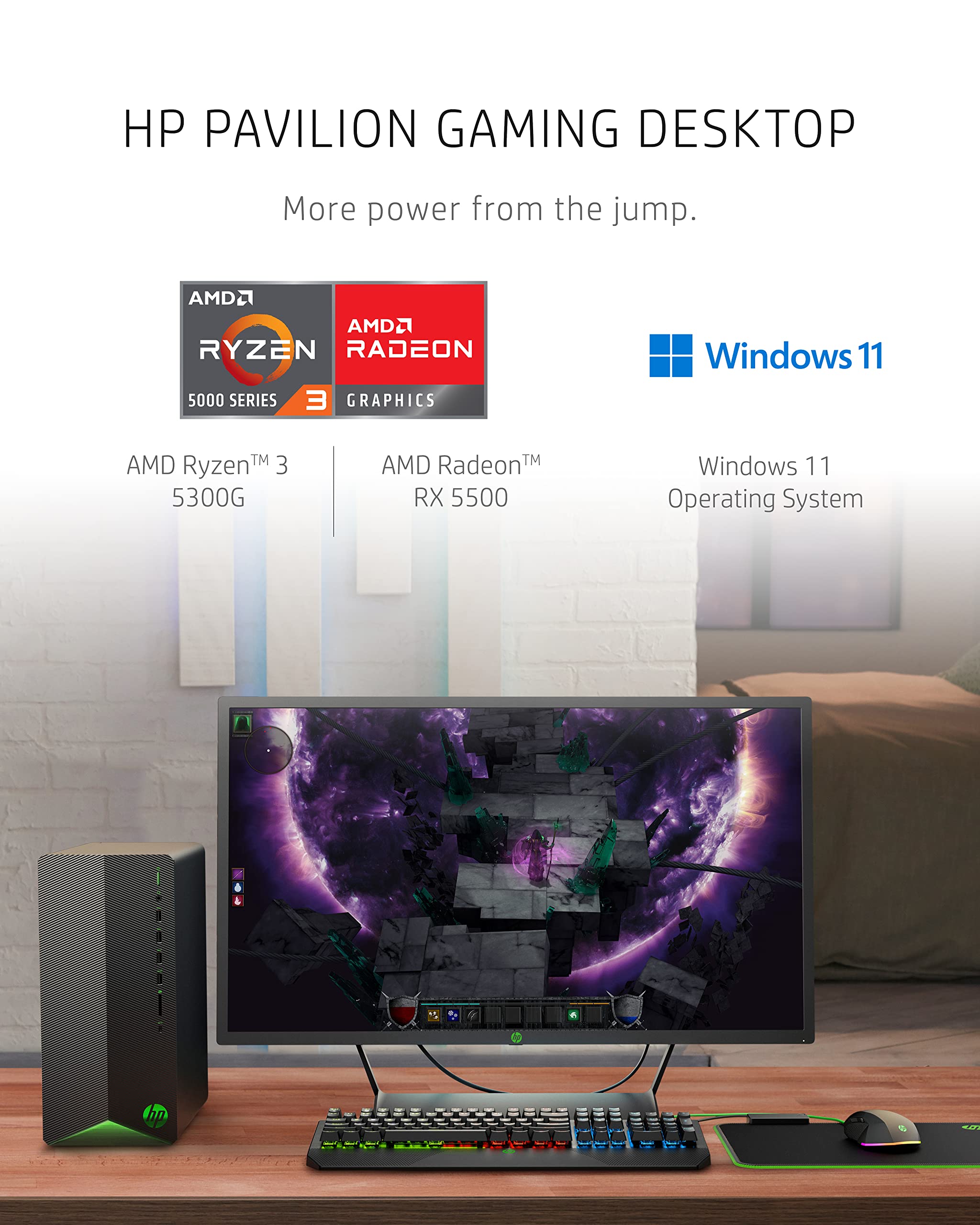 HP Pavilion Gaming Desktop, AMD Radeon RX 5500, AMD Ryzen 3 5300G Processor, 8 GB RAM, 512 GB SSD, Windows 11 Home, 9 USB Ports, Keyboard and Mouse Combo, Pre-Built PC Tower (TG01-2022, 2022)