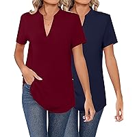 2 Pcs Women's V Neck Tops, Short Sleeve Summer Casual Shirts Loose Fitted Business Work Blouses Ladies Tunic Tee