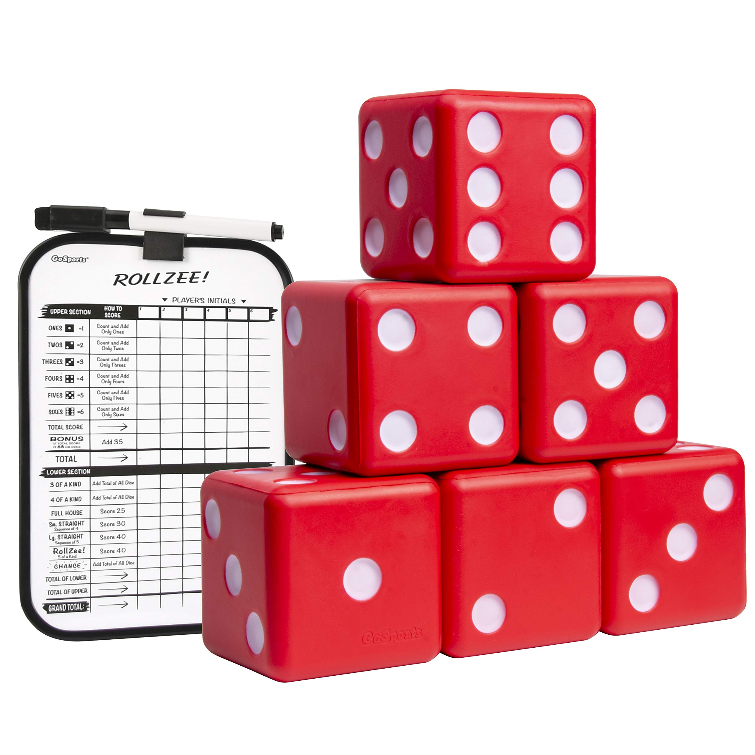 GoSports Giant 3.5 Inch Red Foam Playing Dice Set with Scoreboard (Includes 6 Dice, Dry-Erase Scoreboard and Carrying Case)