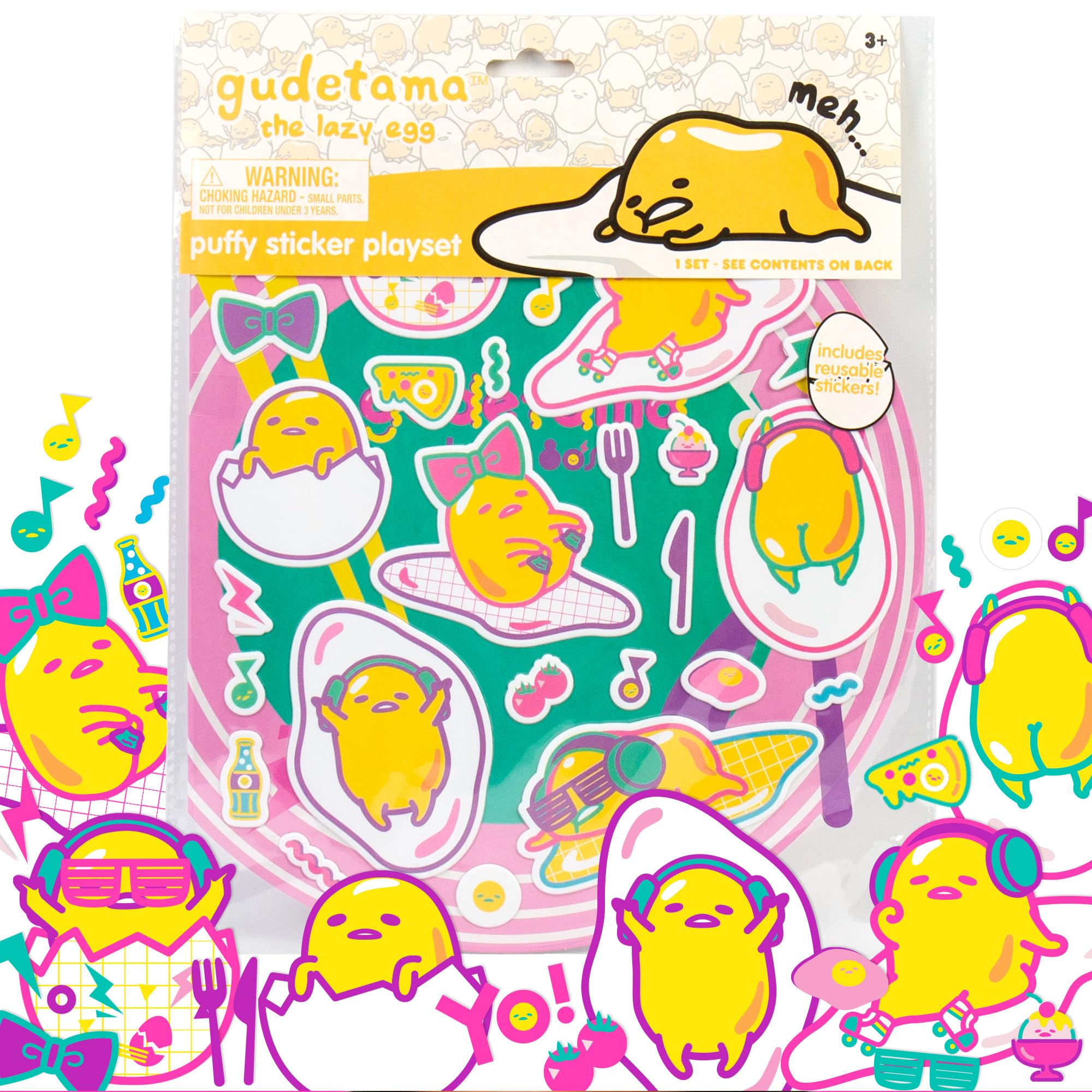 Gudetama the Lazy Egg Puffy Sticker Playset, Includes Over 25 Reusable Gudetama Stickers & 2 Sticker Play Scenes, Lazy 80s Gudetama Theme, Kawaii Stickers, Lazy Egg Stickers for Kids Teens Adults