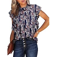 Dokotoo Womens Summer Tops Casual Crewneck Floral Print Shirts Smocked Ruffle Short Sleeve Babydoll Blouses