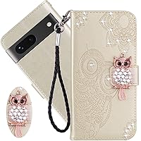 CCSmall for Google Pixel 7a Wallet Case for Women, Glitter Bling Diamond PU Leather Folio Cover with Card Slot & Wrist Strap Phone Case for Google Pixel 7a Owl Gold