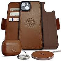 Dreem Bundle: Fibonacci Wallet-Case for iPhone 14 Plus with Om Case for AirPods Pro 2 and Empower Wireless Charger Pad [Chocolate]