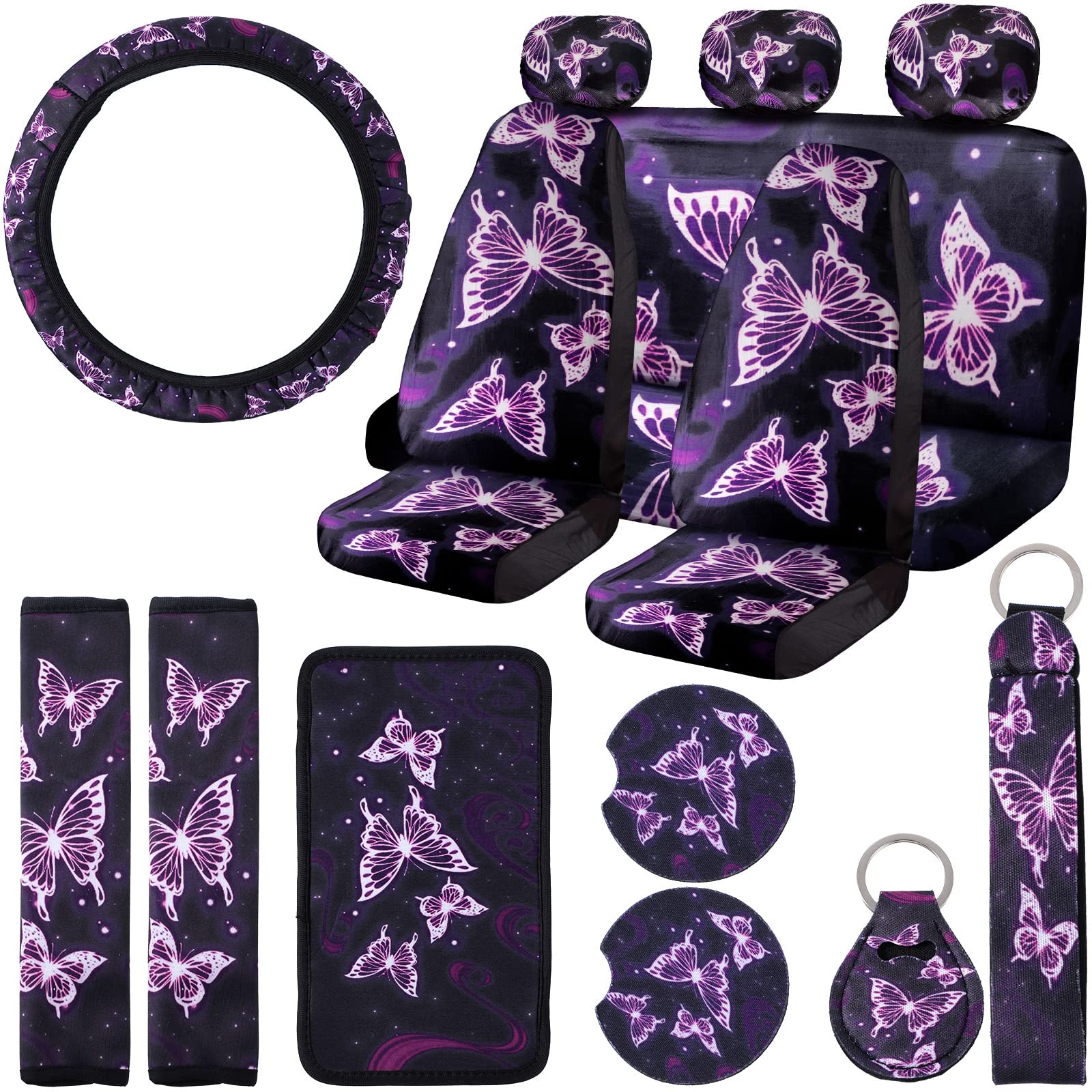15 Pieces Purple Butterfly Car Seat Covers Full Set, Butterfly Car Accessories Set Steering Wheel Cover Center Console Armrest Pad Headrest Seat Belt Cover Keyring Coaster for Cars SUV Interior Decor
