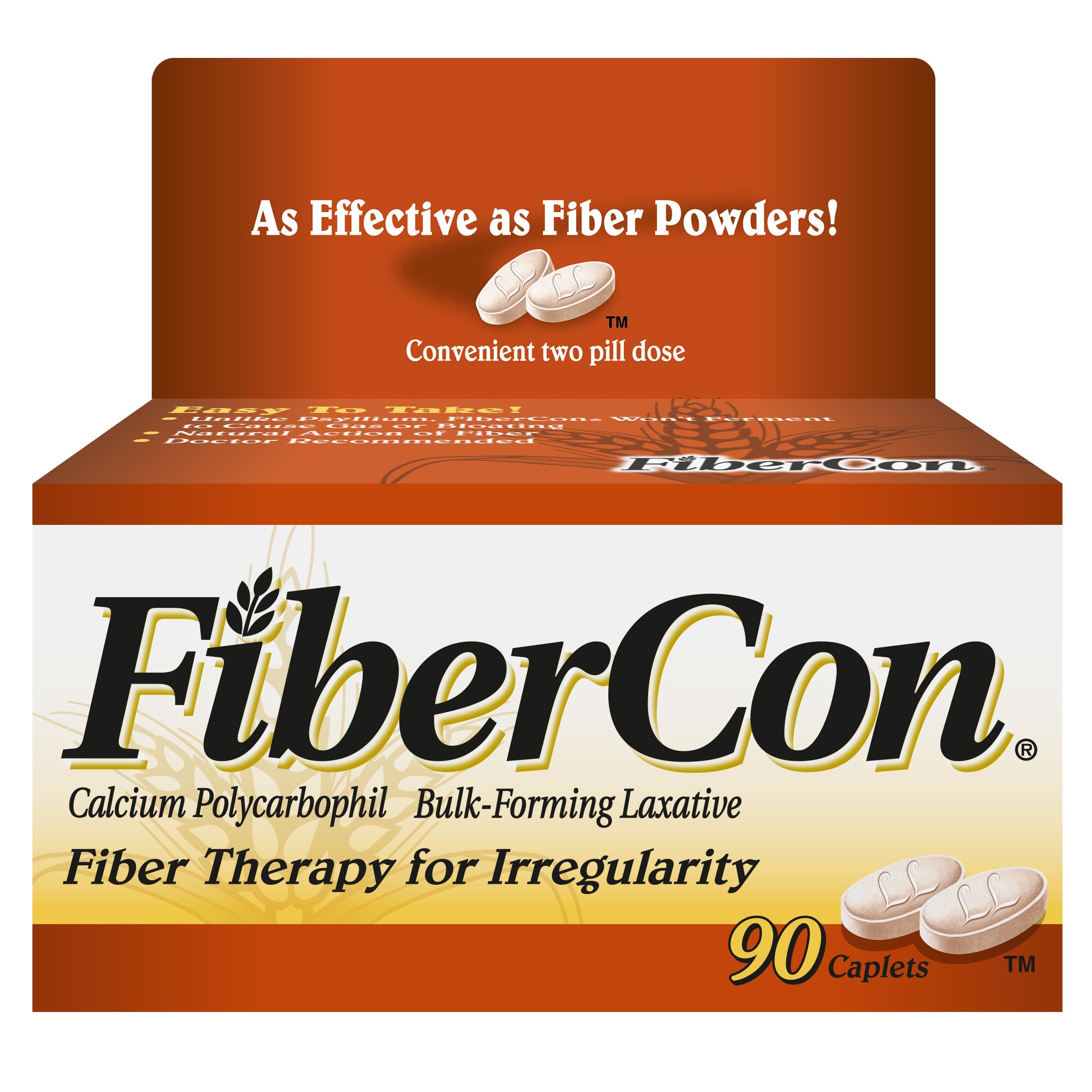 Fibercon Fiber Therapy Coated Caplets, Safe, Simple & Comfortable Insoluble Fiber for Bowel Irregularity, Comfortable Constipation Relief with No Gas or Bloating, 90 Caplets