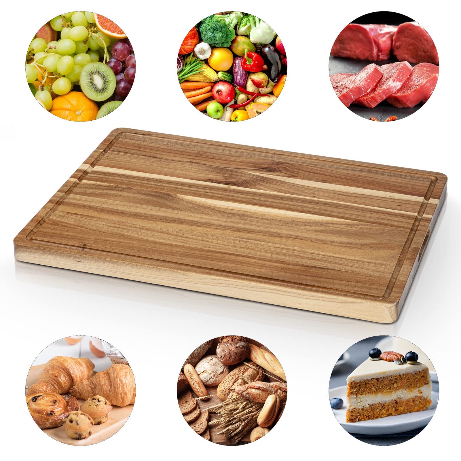 Fashionwu Extra Large Acacia Wood Cutting Board, 24 x 18 Inch Kitchen Cutting Board with Juice Slot and Handles, Reversible Wood Block Butcher Block Cutting Board for Meats, Vegetables and Cheeses