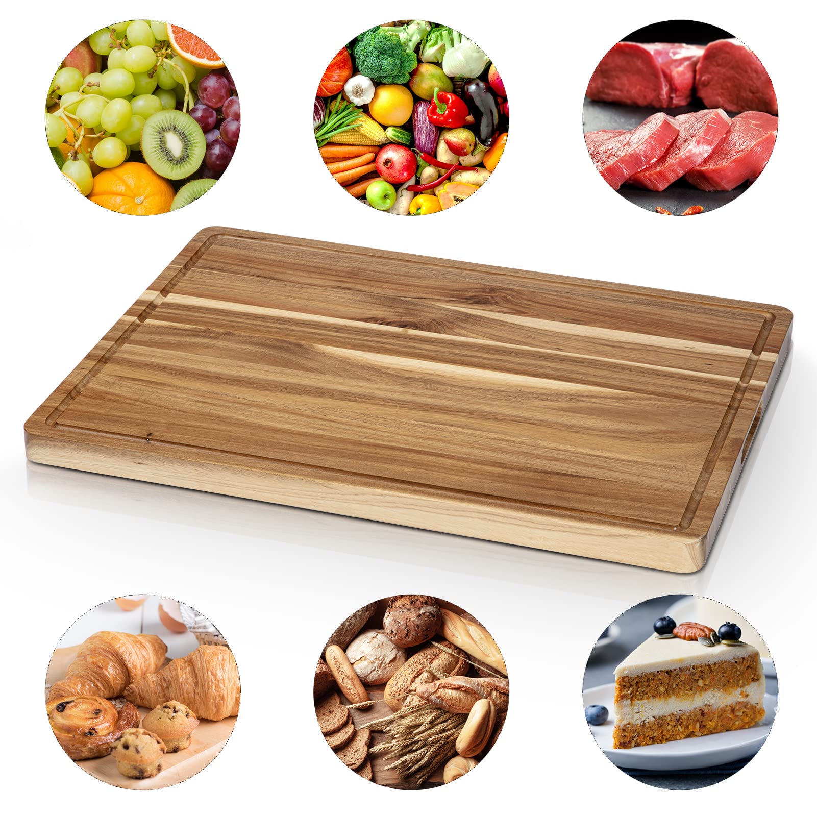 Glowsol Large Acacia Wood Cutting Board, 24 x 18 Inch Extra Large Wood Cutting Board For Kitchen With Side Handles And Juice Slot, Reversible Butcher Block Cutting Board For Meat And Veggies