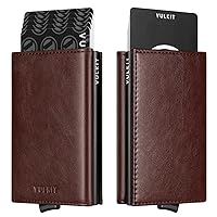VULKIT Credit Card Holder with Banknote Compartment RFID Blocking Pop up Leather Card Wallet with ID Window for Men or Women(Espresso)