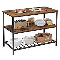 Kitchen Island with 3 Shelves, 47.2 Inches Kitchen Shelf with Large Worktop, Stable Steel Structure, Industrial, Easy to Assemble, Rustic Brown and Black UKKI01BX