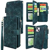 Harryshell Compatible with iPhone 14 Plus 6.7 inch 5G 2022 Wallet Case Detachable Magnetic Cover Zipper Cash Pocket Multi Card Slots Holder Wrist Strap Lanyard (Floral Teal)
