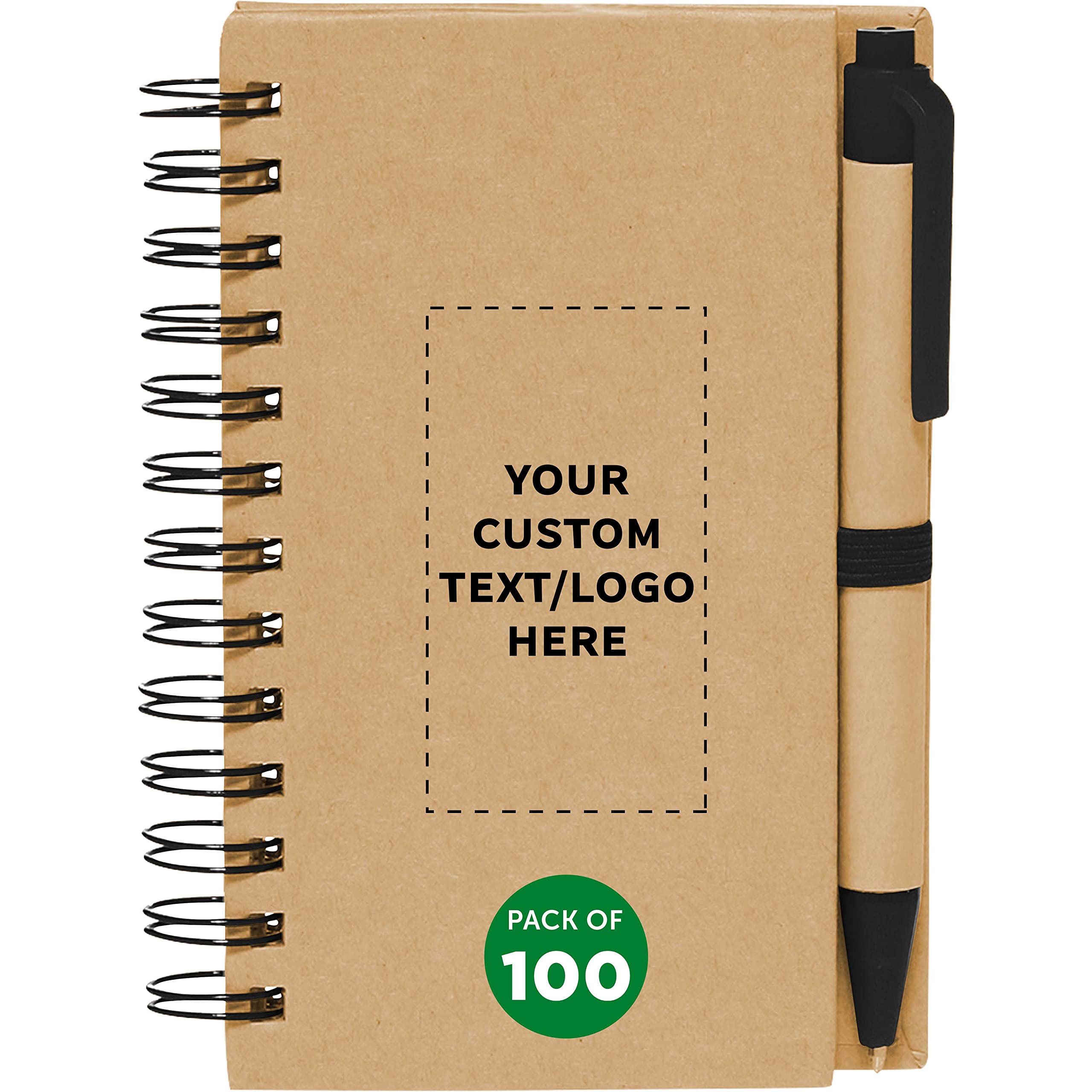 Custom Mini Spiral Notebooks with Black Ink Pens Set of 100, Personalized Bulk Pack - Perfect for School, Office, Business, Home - Black