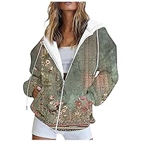 Womens Oversized Zip Up Hoodie Floral Print Retro Graphic Sweatshirts Drawstring Hooded Jacket Coat With Pockets