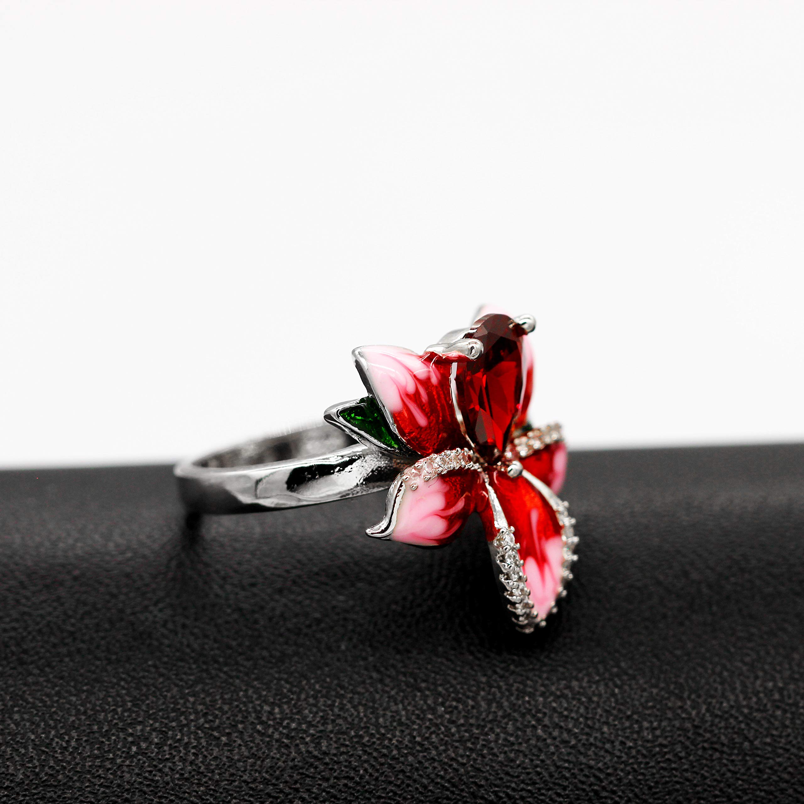 Uloveido Girl's Beautiful Red Enamel Rose Ring for Women Blossom Flower Rings with Pear Cut Cubic Zirconia Cocktail Summer Ring RA627