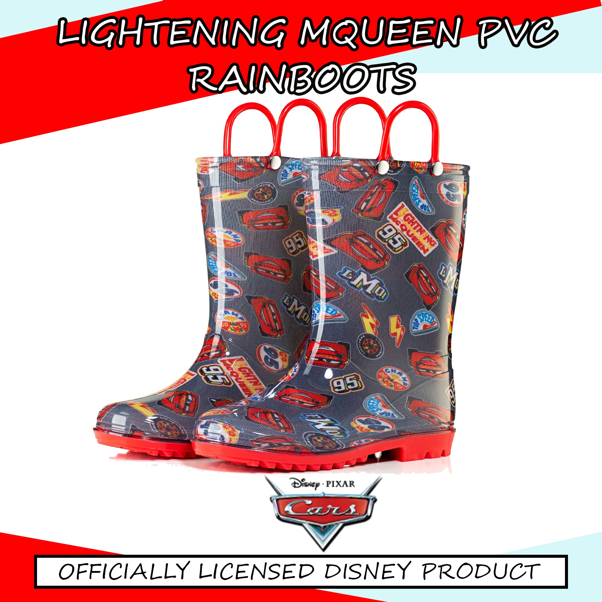 Disney Cars Lightening McQueen PVC Rainboots For Boys Easy-on Handles - Black Size Toddler and Little Kids