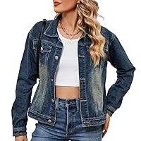 Flygo Women's Denim Jacket Washed Distressed Jean Jackets Button Down Cropped Trucker Jacket with Pockets
