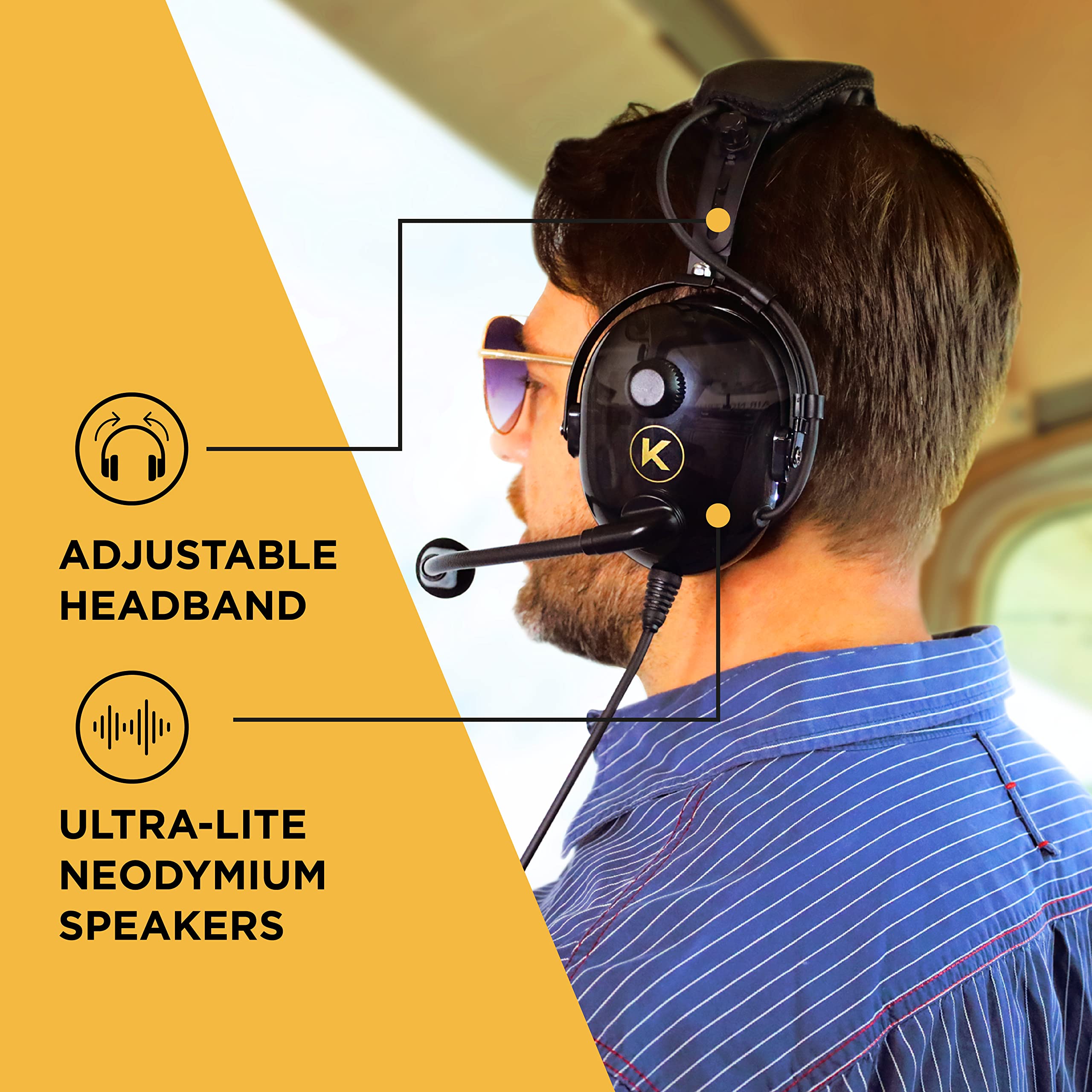 KORE AVIATION KA-1 General Aviation Headset for Pilots | Mono and Stereo Compatibility, Passive Noise Reduction, Noise Canceling Microphone, Gel Ear Seals, Adjustable Headband, Headset Bag