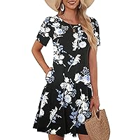 WNEEDU Summer Dresses for Women 2024 Short Sleeve Casual T Shirt Swing Loose Sundress with Pockets