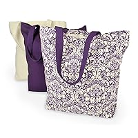DII CAMZ33546 100% Cotton, Machine Washable Heavy Duty Canvas Reusable Shopping Tote Bag, Natural and Eggplant Damask, Set of 3