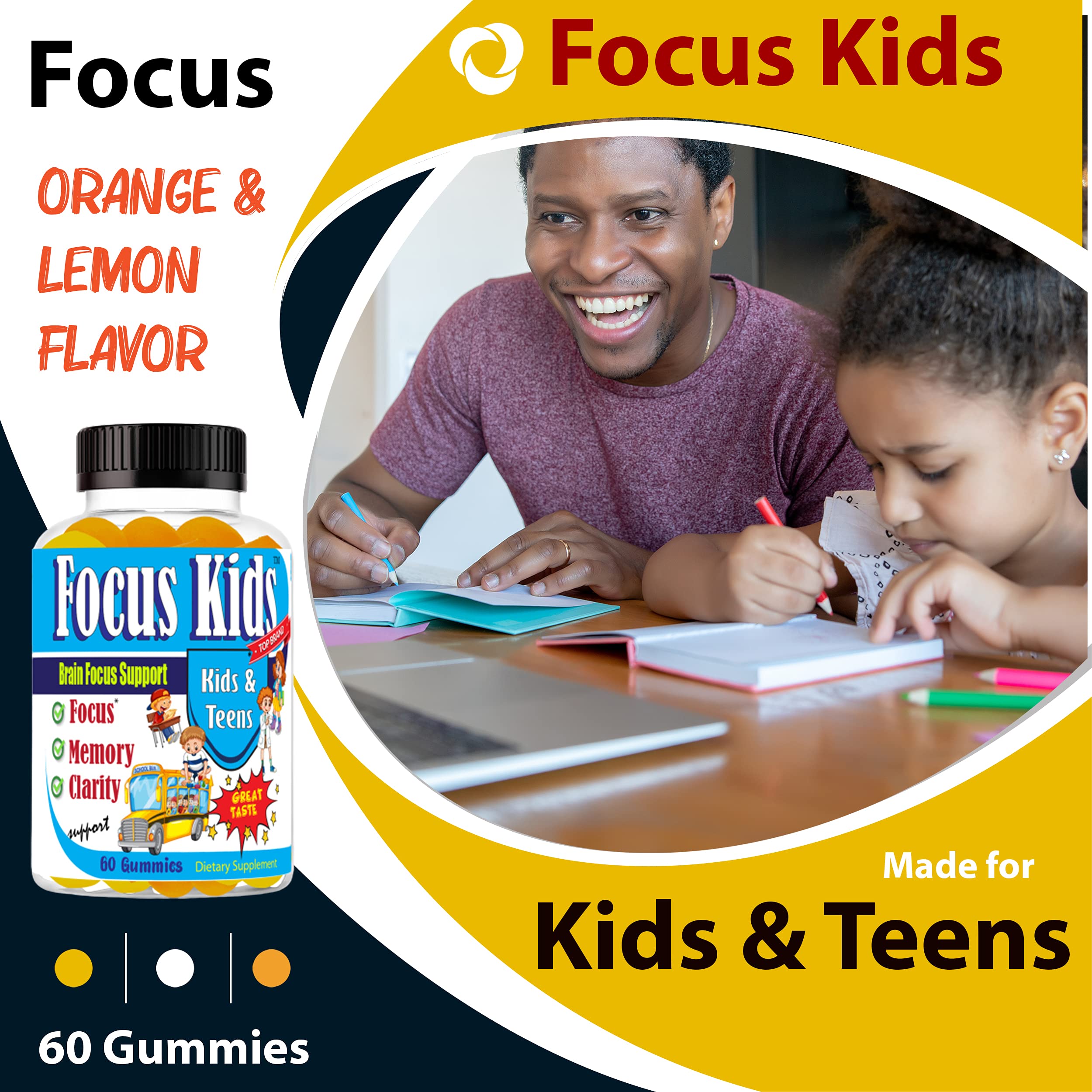 Focus Kids-Focus Gummies For Kids and Teens Focus Gummy Kids Memory & Concentration Brain Gummies For Focus Kid Focus Supplement DHA Omega 3 6 9 School Study Task Brain Booster Formula