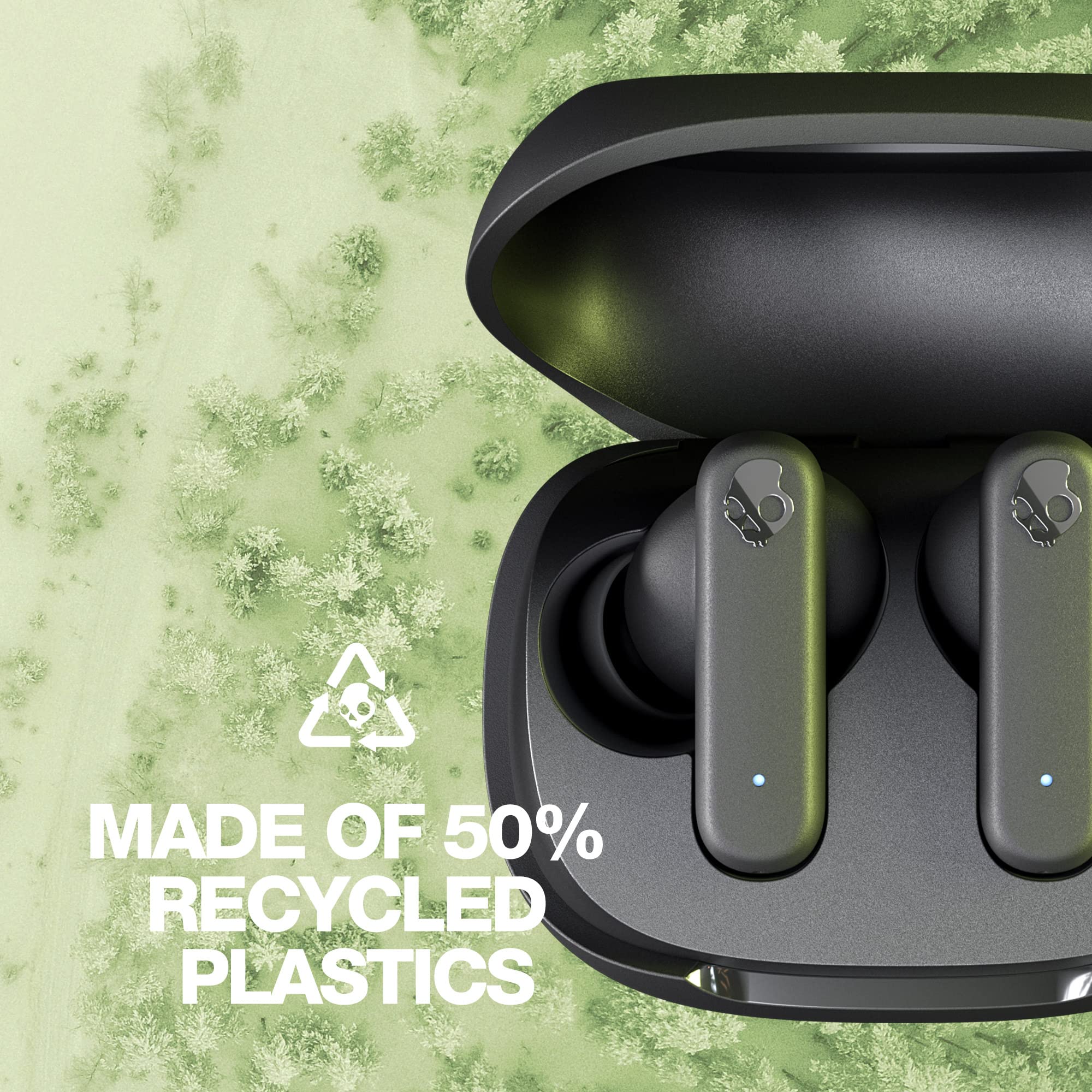 Skullcandy Smokin Bud In-Ear Wireless Earbuds, 20 Hr Battery, 50% Renewable Plastics, Microphone, Works with iPhone Android and Bluetooth Devices - Black