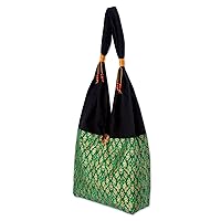 NOVICA Artisan Handmade Cotton Sling Tote Bag Crafted Shoulder Coconut Shell Green Patterned Thailand 'Thai Emerald'