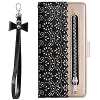 XYX Wallet Case for Samsung Galaxy A32 5G, Lace Splice Flower Pu Leather Flip Zipper Phone Case with Wrist Strap Card Slot Holder Kickstand for Women Girls, Black