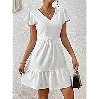 Dresses for Women - Eyelet Embroidery Butterfly Sleeve Ruffle Hem Dress (Color : White, Size : Large)