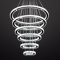 Siljoy Modern Crystal Chandelier Lighting, 6 Ring Chandelier LED Ceiling Lights Fixtures with 3-Color, High Ceiling Foyer Chandelier for Living Room Dining Room Staircase, D8-12-16