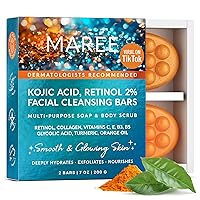 MARÉE Kojic Acid Soap - Turmeric and Kojic Acid Soap & Scrub with Retinol 2%, Collagen, Vitamins C, E, B3, B5 | Kojic Acid Soap For Hyperpigmentation | Moisturizing Kojic Acid Cleanser | 2 X 100g Bars