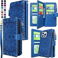 Harryshell Compatible with iPhone 13 Pro Max 6.7 inch 5G 2021 Wallet Case Detachable Magnetic Cover Zipper Cash Pocket Multi Card Slots Holder Wrist Strap Lanyard Floral (Flower Deep Blue)