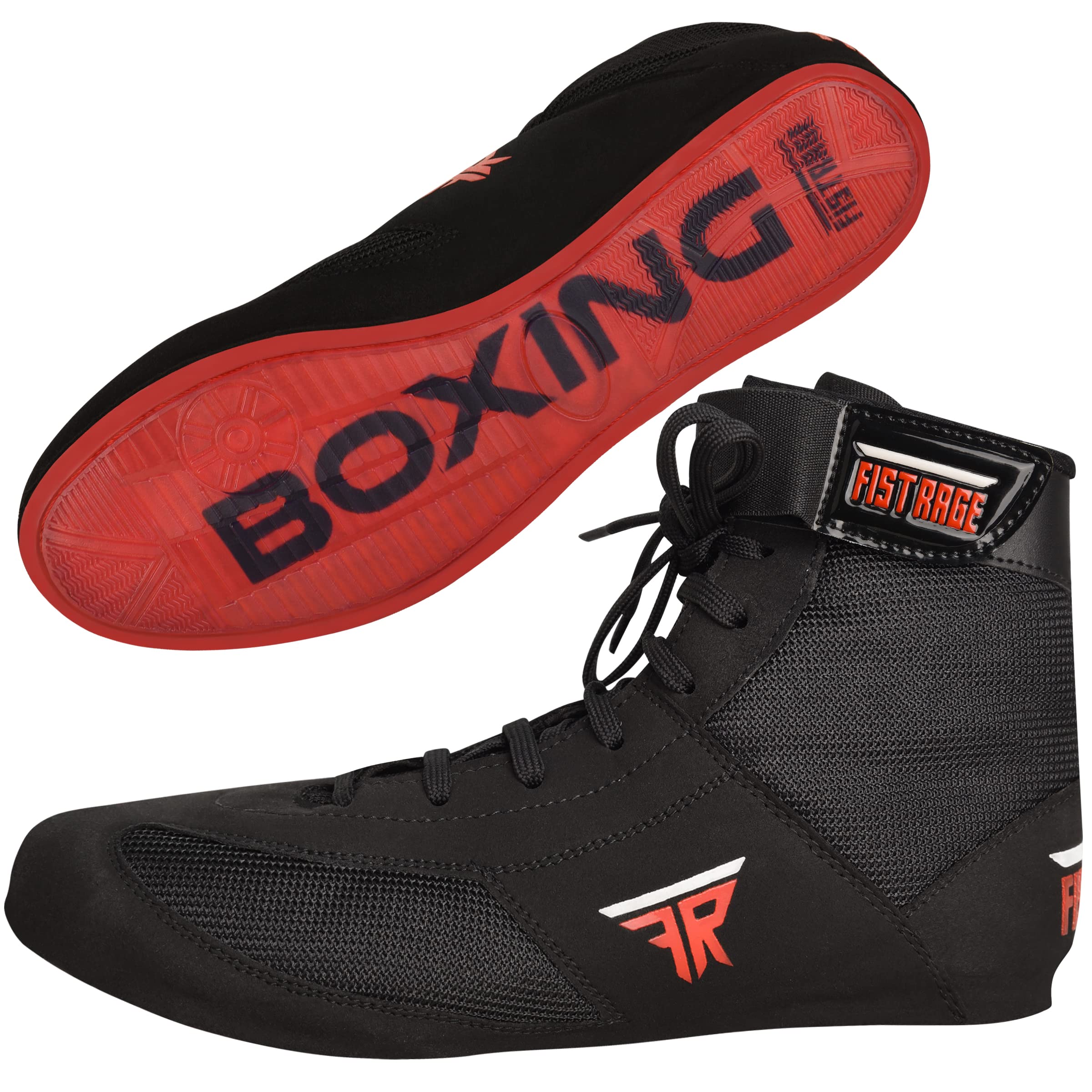 FISTRAGE Leather Kick Boxing Shoes Fighting Sports Master Training Mesh Unisex Pro Men's and Youth Genuine Boot Light Weight | Black Color Boxing Shoes for Adults