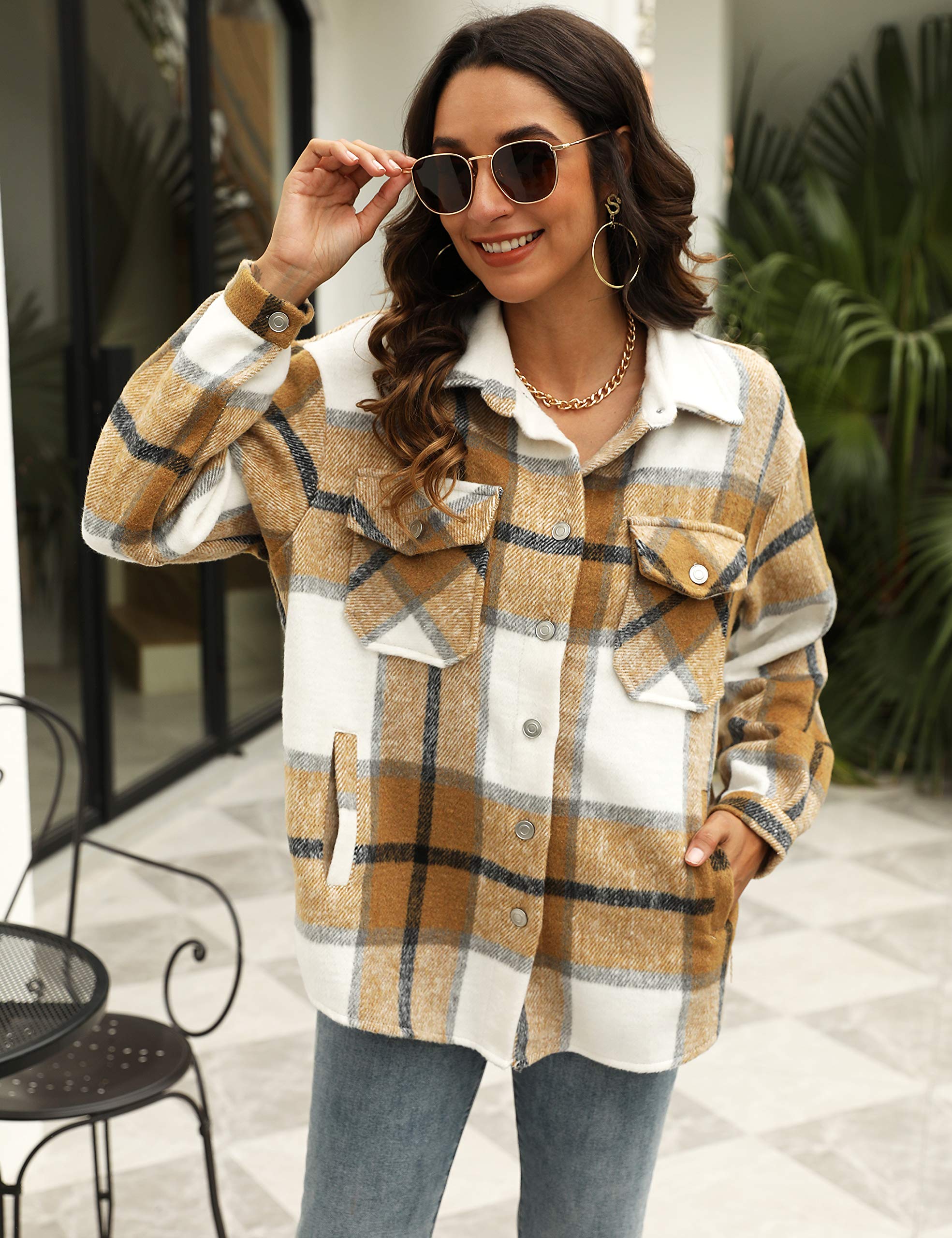 UANEO Womens Plaid Shacket Button Down Wool Blend Fall Flannel Shirt Jacket