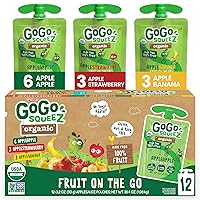 Fruit on the Go Organic Variety Pack, Apple, Strawberry & Banana, 3.2 oz (Pack of 12), Unsweetened Organic Snacks for Kids, No Gluten, Nut & Dairy, Recloseable Cap, BPA Free Pouches