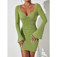 Dresses for Women Sweetheart Neck Flounce Sleeve Bodycon Dress (Color : Green, Size : XX-Small)